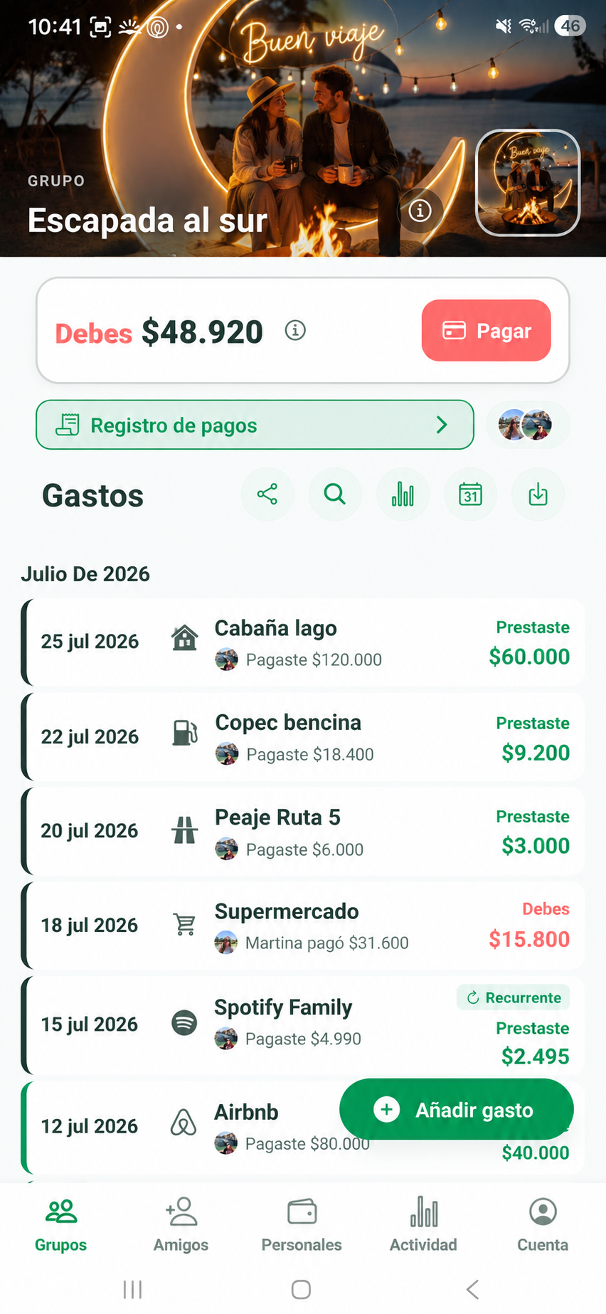 Pantalla de grupo en Teilen con gastos compartidos