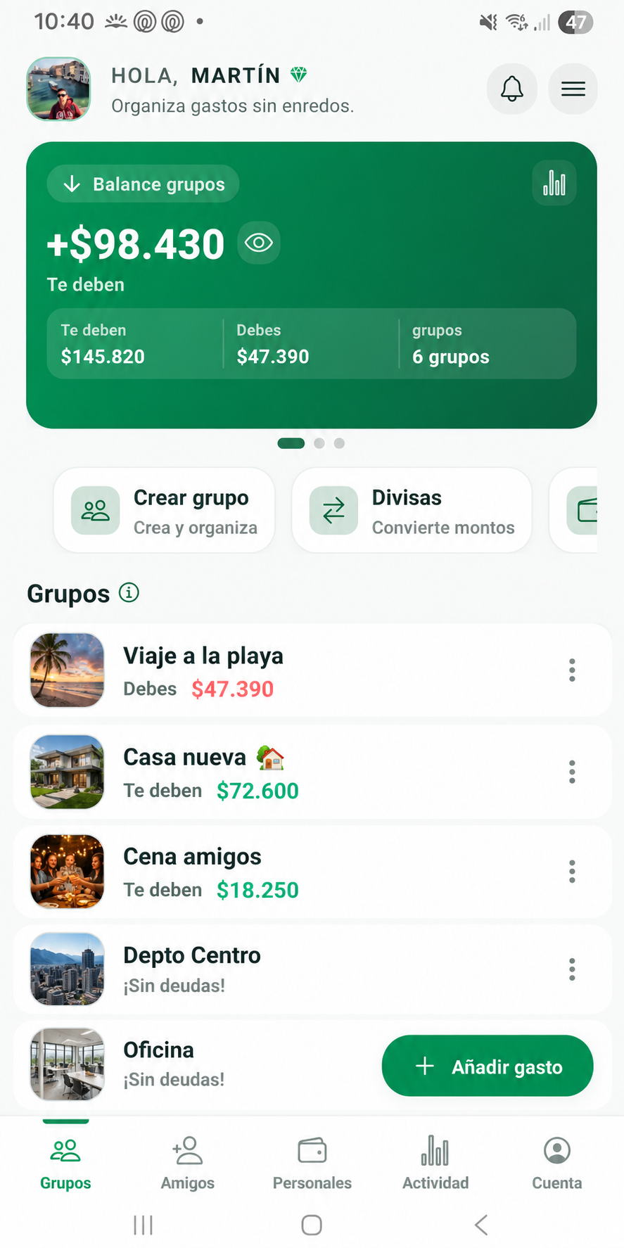 Pantalla principal de Teilen con balance de grupos